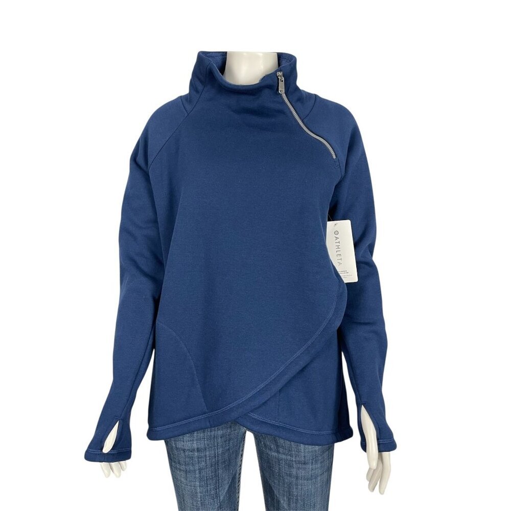 NEW Athleta Cozy Karma Asym Pullover Size Small Blue Soft Wrap Zip Neck